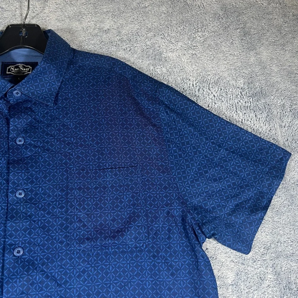 Nat Nast Luxury Originals Blue Silk Cotton Geometric Button Up Shirt‎ Mens Large